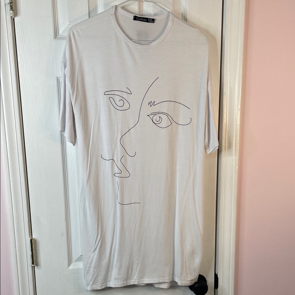 Boohoo Scribble Face Shirt Dress Oversized Line Drawing T-Shirt NWT